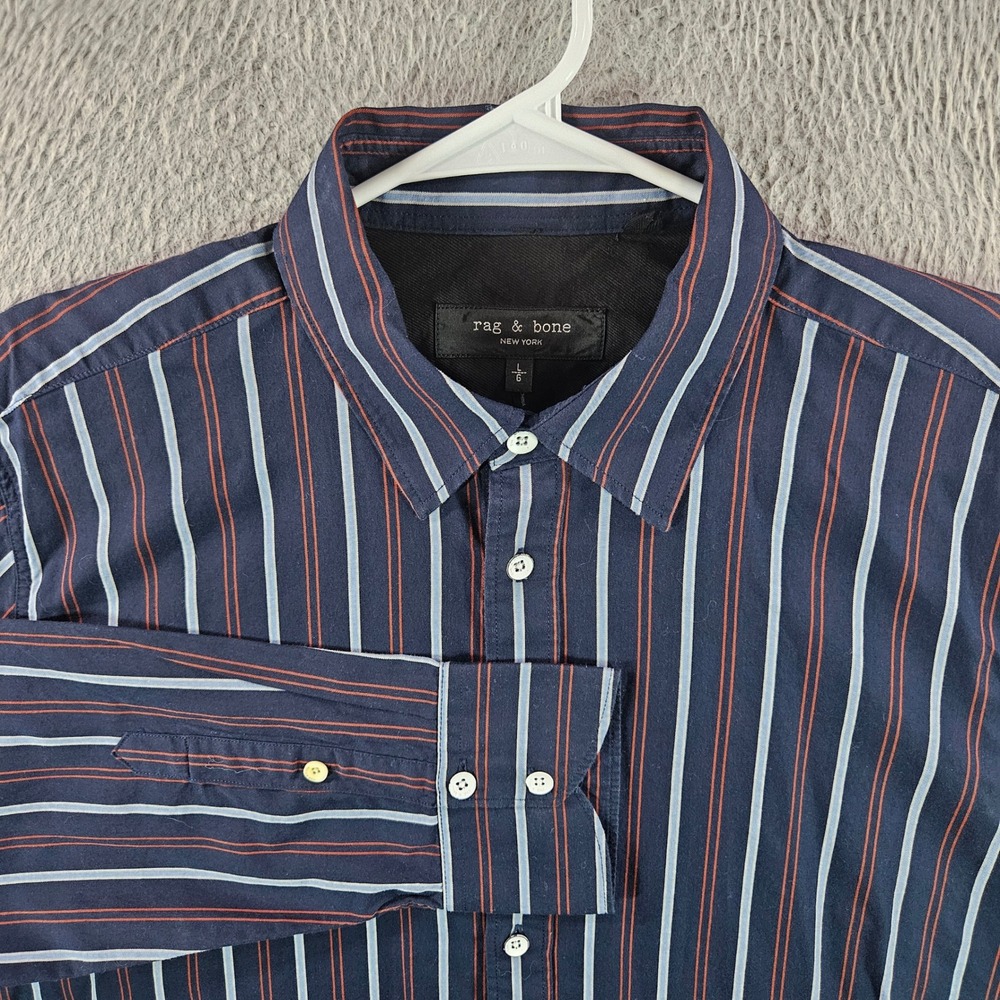 Rag & Bone Mens Navy Blue Striped Long Sleeve Button Down Shirt Side Panels L